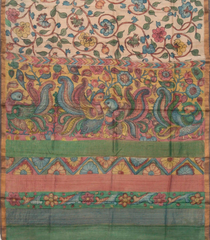 Light Peach Handloom Tussar Silk Saree With Kalamkari Printed Motifs-TU2766