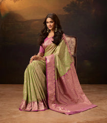 Cardamom Green Woven Bamboo Soft Silk Saree With Heavy Embroidery Zircon Work-BL4094