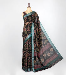 Black Woven Art Linen Saree With Printed Floral Motifs and Dark Green Border-BL4679