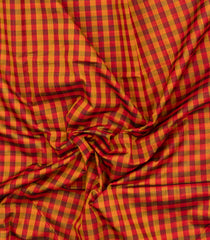 Red & Mustard Handloom Silk Cotton Saree With Checks & Zari Border-SC4617