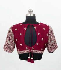 Maroon Embroidered Blended Raw Silk Readymade Blouse RB5199