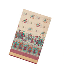 Beige Printed Blended Cotton Saree With Wedding Motifs-BL6251