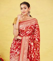 Red Banarasi Khaddi Georgette Silk Saree With Vanasingaram Motifs