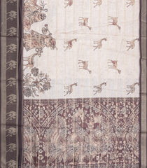 Cream Printed Synthetic Dupion Saree With Zari Stripes & Brown Border-SY0236