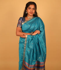 Turquoise Woven Art Tussar Silk Saree With Jasmine Bud Motifs-BL3924