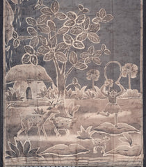 Grey Woven Art Linen Saree With Printed Deer Motifs-BL3721