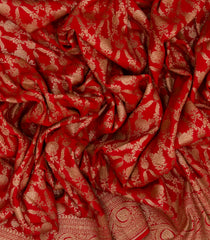 Red Handloom Banarasi Khadi Georgette Silk Saree With Floral Jaal Motifs-BE1691