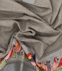 Grey Woven Synthetic Linen Saree With Printed Bird Motifs-BL4405