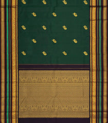 Bottle Green Handloom Kanchipuram Silk Saree With Peacock Buttas-KA13961