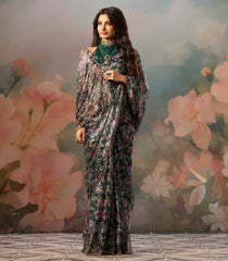 Sea Green Woven  Two Tone Printed Saree With Heavy Embroidery Zircon Work-BL4083