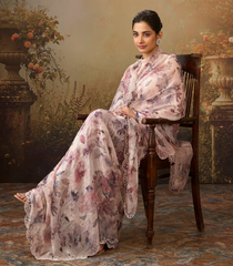 Baby Pink Woven Blended Chiffon Saree With Printed Floral Motifs & Mirror Work-BL4556