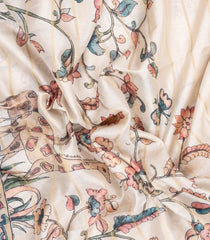 Cream Printed Synthetic Dupion Saree With Zari Stripes & Grey Border-SY0240