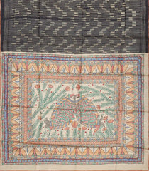 Black Handloom Tussar Silk Saree With Printed Stripes Motifs & Madhubani Pallu-TU2807