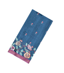 Indigo Printed Synthetic Tussar Silk Saree With Zari Border-SY0062