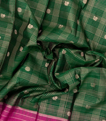 Dark Green Handloom Kanchipuram Silk Saree With Zari Checks & Contrast Border-KA14890