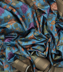 Blue Woven Synthetic Dupion Saree With Printed Kalamkari Motifs-BL4335