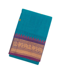 Cyan Green Woven Chettinad Cotton Saree With Floral Buttas