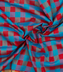 Cyan & Red Handloom Silk Cotton Saree With Checks & Zari Buttas-SC4624