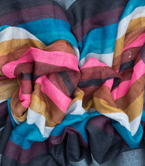 Multi Colour Woven Art Linen Saree With Printed Stripes-BL3960