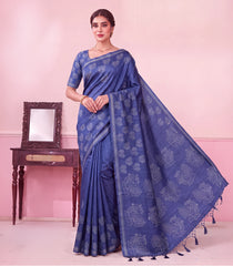 Dark Blue Printed Synthetic Kotha SIlk Saree With Floral Motifs & Zari Border-SY0624