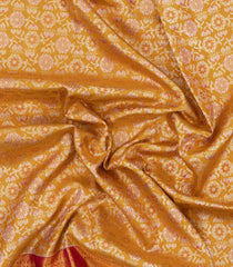 Mustard Handloom Kanchipuram Tissue Silk Saree With Floral Motifs & Contrast Border-KA13511