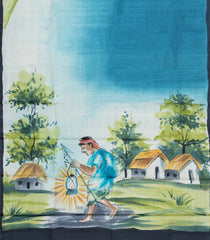 Cyan Woven Tussar Silk Saree With Printed Landscape Motifs-TU3226
