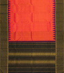 Red Handloom Korvai Kanchipuram Silk Saree With Stripes & Temple Border-KA14024