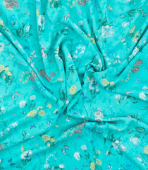 Turquoise Printed Crepe Silk Saree With Floral Motifs-PS0879