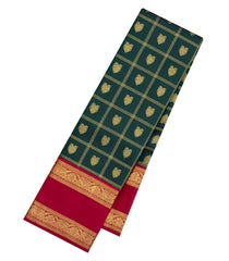 Dark Green Handloom Korvai Kanchipuram Silk Saree With Zari Checks & Buttas-KA15357