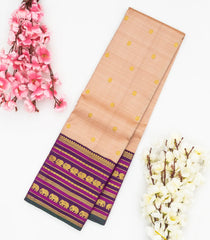 Light Peach Handloom Korvai Kanchipuram Silk Saree With Contrast Border