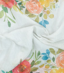 Off White Printed Synthetic Linen Saree With Floral Motifs-SY0124