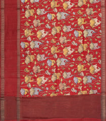 Red Handloom Tussar Silk Saree With Printed Deer Motifs-TU3217