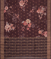 Dark Brown Printed Synthetic Dola Silk Saree With Zari Buttas & Border-SY0246