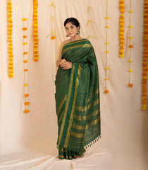Dark Green Handloom Kanchipuram Silk Saree With Zari Checks-KA13352