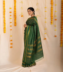 Dark Green Handloom Kanchipuram Silk Saree With Zari Checks-KA13352