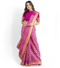 Hot Pink Handloom Kanchipuram Silk Saree With Floral Zari Motifs -Hot Pink