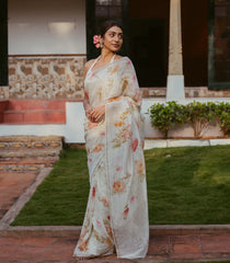 Cream Woven Linen Saree With Printed Floral Motifs