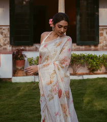 Cream Woven Linen Saree With Printed Floral Motifs