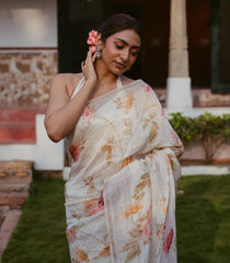 Cream Woven Linen Saree With Printed Floral Motifs