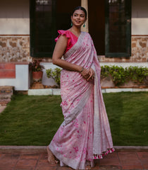 Pink Handwoven Linen Saree With Tree of Life Embroidery Motifs