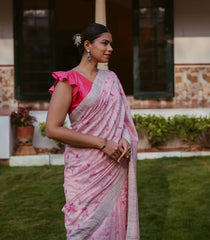 Pink Handwoven Linen Saree With Tree of Life Embroidery Motifs