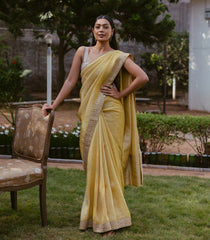 Mustard Woven Tissue Emboss Embroidery Saree