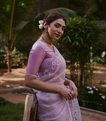 Lavender Woven Banarasi Glass Tissue Saree Embroidered With Floral Motifs