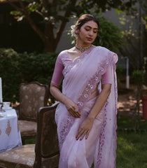 Lavender Woven Banarasi Glass Tissue Saree Embroidered With Floral Motifs