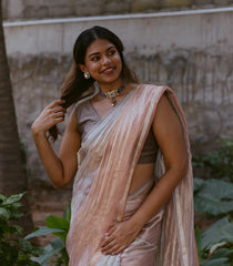 Peach & Taupe Woven Banarasi Tissue Silk Saree With Zari Stripes