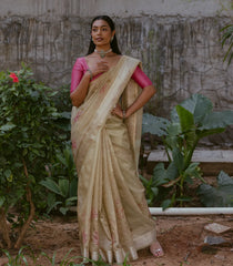 Gold Banarasi Crushed Tissue Saree With Hand painted Floral Motifs