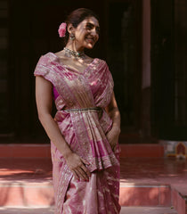 Peach Woven Crushed Tissue Saree With Embroidery