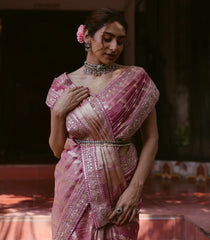 Peach Woven Crushed Tissue Saree With Embroidery