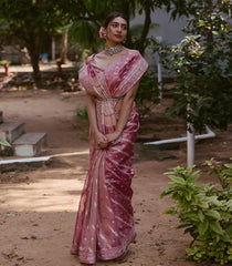 Peach Woven Crushed Tissue Saree With Embroidery