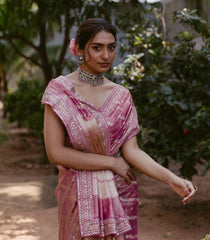 Peach Woven Crushed Tissue Saree With Embroidery